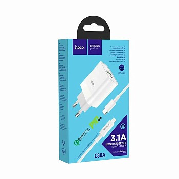 ЗУ Сетевое HOCO C80A Rapido, 1*Type-C+1*USB 3.1A PD 20W+QC3.0 быстрая зарядка White  в магазине PartsOkey.ru в Ростове на Дону, Краснодаре и Москве